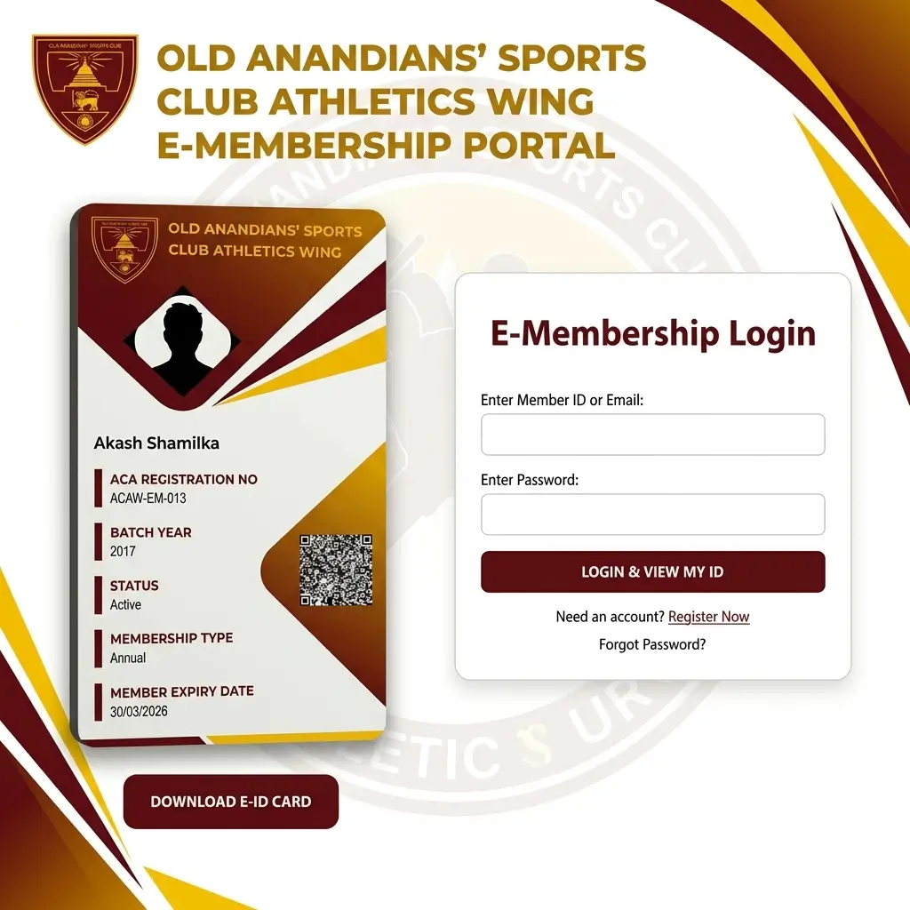 E-membership portal for Old Anandians' Sports Club Athletics Wing. Features an ID card with a QR code and a login section for member access.