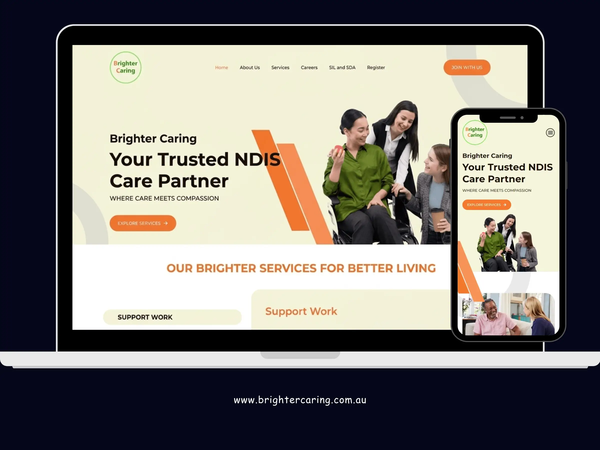 Website design for Brighter Caring, an Australian NDIS care provider — responsive homepage showcase featuring trusted disability support services, care partner messaging, and desktop and mobile website layouts.