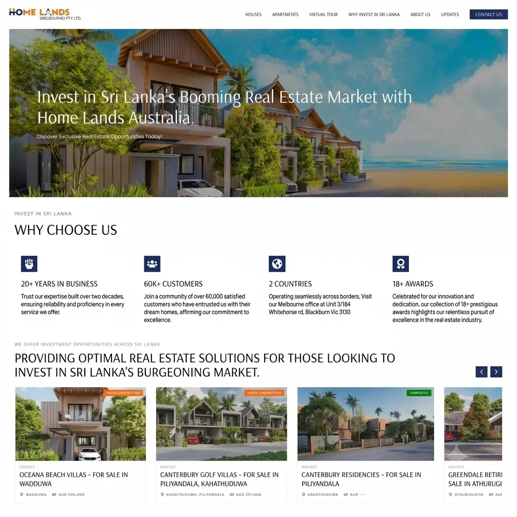 Website design for Home Lands Melbourne Australia, a real estate investment company — homepage showcasing Sri Lankan property opportunities, company achievements, and featured residential developments.