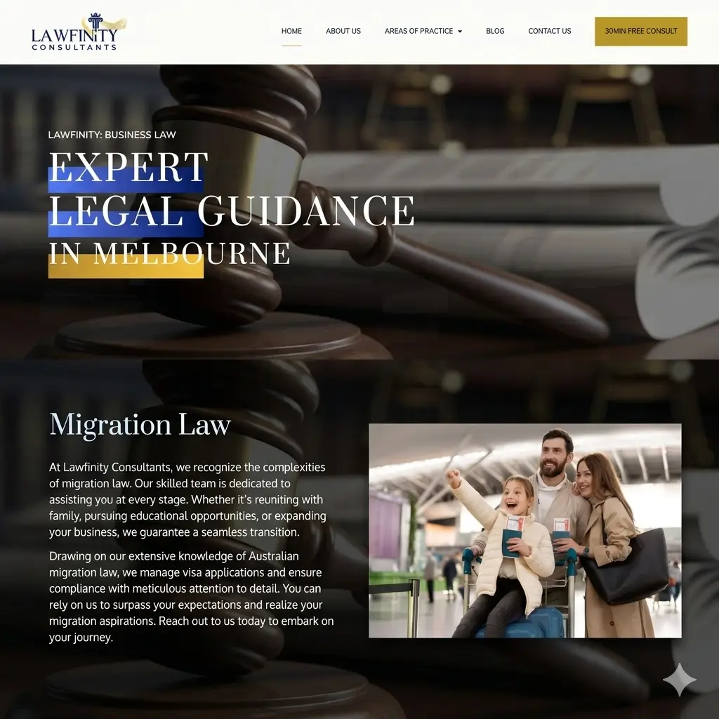 Lawfinity Consultants website homepage featuring expert legal guidance in Melbourne, migration law services, and a family travelling at an airport.